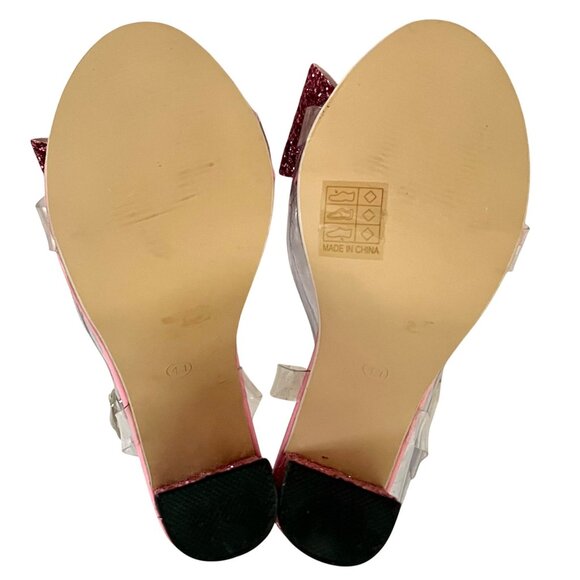 Barbie Pink Glitter Bow Open Toe Heels Block Heel Sandals Size 9 41 Prom Formal - Picture 8 of 11